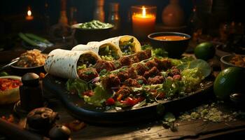 ai généré grillé du boeuf taco avec guacamole, Frais tomate, et coriandre généré par ai photo