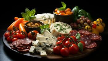 ai généré fraîcheur sur une en bois table tomate, pain, Viande, salade généré par ai photo