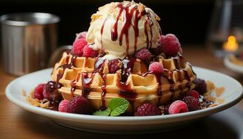 ai généré une assiette de gourmet desserts framboise gaufre, fraise crêpe, Chocolat sauce généré par ai photo