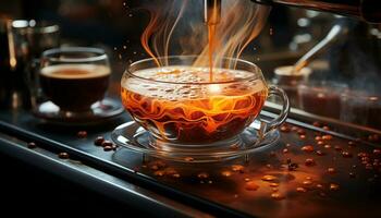 ai généré fraîchement brassée café dans une chaud tasse sur une en bois table généré par ai photo