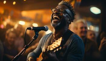 ai généré Jeune adulte musicien performant sur organiser, apportant joie à public généré par ai photo