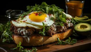 ai généré grillé du boeuf sandwich avec tomate, oignon, et fait maison guacamole généré par ai photo