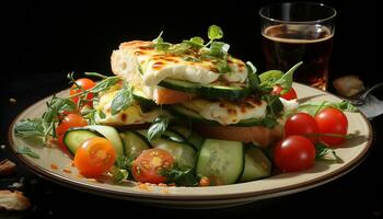 ai généré Frais gourmet salade, en bonne santé déjeuner, grillé végétarien sandwich généré par ai photo