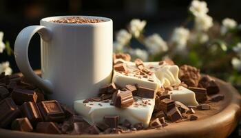 ai généré gourmet dessert foncé Chocolat tranche sur rustique en bois table généré par ai photo