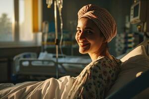 ai généré content cancer patient. souriant femme après chimiothérapie traitement à hôpital oncologie département. Sein cancer récupération. Sein cancer survivant. souriant chauve femme avec rose foulard. photo