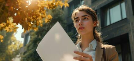 ai généré une Jeune femme détient une pièce de papier et regards avant. photo