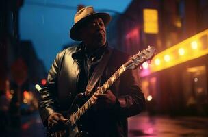 ai généré le jazz musicien rue nuit lumière métrage à crépuscule et nuit. photo