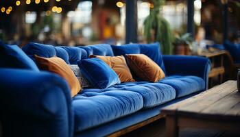 ai généré confortable bleu canapé dans moderne vivant chambre, illuminé par fenêtre généré par ai photo