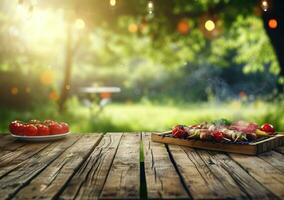 ai généré le table pour une barbecue Extérieur un barbecue a nourriture sur il. photo