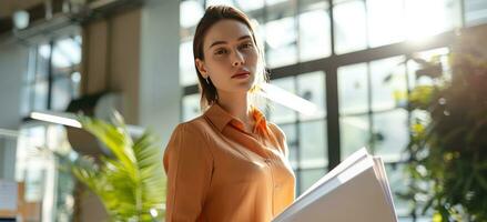 ai généré Jeune femme permanent dans Bureau avec papiers coupé. photo