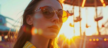 ai généré femme portant des lunettes de soleil avec un amusement parc dans le Contexte. photo