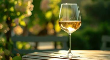 ai généré une verre de blanc du vin est pose sur une table en plein air photo