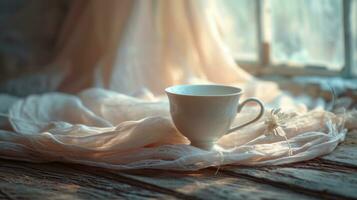 ai généré une blanc café tasse séance sur certains bois photo