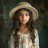 ai généré une Jeune fille dans une chapeau permanent dans une studio photo