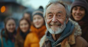 ai généré un adulte homme souriant dans de face de groupe de gens photo