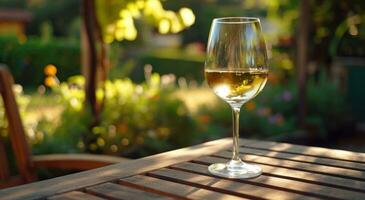 ai généré une verre de blanc du vin est pose sur une table en plein air photo