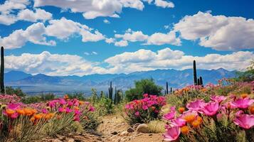ai généré désert Floraison oasis avec cactus - ai généré photo