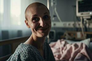 ai généré portrait de content Sein cancer patient. souriant chauve femme après chimiothérapie traitement dans hôpital chambre. Sein cancer récupération. Sein cancer survivant. Sein cancer conscience mois. photo