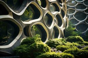 ai généré durable vert bâtiment dans moderne ville. vert architecture. respectueux de la nature bâtiment. durable bâtiment avec verticale jardin réduire co2. futuriste bâtiment. net zéro émissions. photo