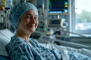 ai généré content cancer patient. souriant femme après chimiothérapie traitement à hôpital oncologie département. Sein cancer récupération. Sein cancer survivant. souriant chauve femme avec bleu foulard. photo