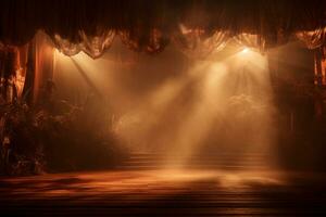 ai généré théâtre étape lumière Contexte avec projecteur illuminé le étape pour opéra performance. vide étape avec chaud ambiance couleurs, brouillard, fumée, toile de fond décoration. divertissement montrer. photo