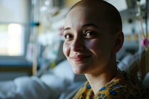 ai généré portrait de content Sein cancer patient. souriant chauve femme après chimiothérapie traitement dans hôpital chambre. Sein cancer récupération. Sein cancer survivant. Sein cancer conscience mois. photo