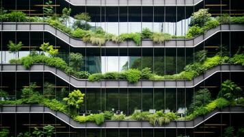 ai généré respectueux de la nature bâtiment dans le moderne ville. durable verre Bureau bâtiment avec arbre pour réduire carbone dioxyde. Bureau bâtiment avec vert environnement. entreprise bâtiment réduire co2. photo