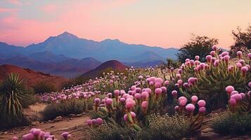 ai généré désert Floraison oasis avec cactus - ai généré photo