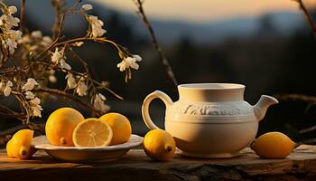 ai généré Frais citron thé sur rustique en bois table dans la nature généré par ai photo