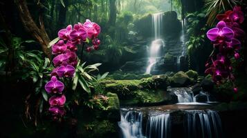 ai généré tropical orchidée champ et cascade - ai généré photo