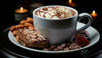 ai généré indulgent gourmet dessert foncé Chocolat biscuit avec chaud café généré par ai photo