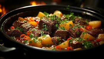 ai généré grillé du boeuf steak avec tomate, oignon, et cloche poivre généré par ai photo