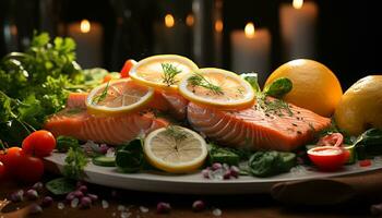 ai généré Frais Fruit de mer filet grillé avec citron et en bonne santé des légumes généré par ai photo