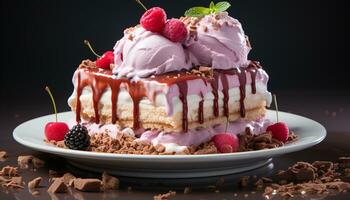 ai généré fait maison Chocolat framboise mousse, une sucré indulgence sur bois généré par ai photo