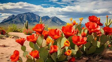 ai généré désert Floraison oasis avec cactus - ai généré photo