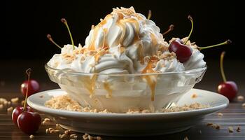 ai généré fait maison la glace crème sundae avec Frais baies, fouetté crème, et Chocolat généré par ai photo