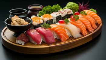 ai généré Frais Fruit de mer plaque, en bonne santé nigiris, roulé makis, Japonais à manger collection généré par ai photo