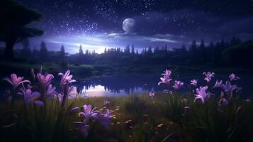 ai généré éclairé par la lune iris champ et lucioles - ai généré photo