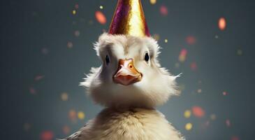 ai généré peu canard portant une fête chapeau photo