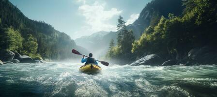 ai généré kayak kayakiste sur une rapide dans forêt Contexte avec Montagne paysage photo