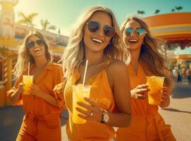 ai généré Trois femmes sont en marchant avec Orange les boissons photo