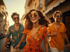 ai généré Trois Jeune copains sont souriant tandis que en marchant vers le bas le rue photo