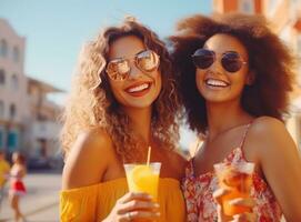 ai généré femmes copains en portant Orange jus sur rue parlant dans des lunettes de soleil photo