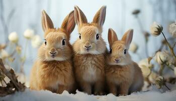 ai généré mignonne bébé lapins séance dans herbe, à la recherche à caméra généré par ai photo