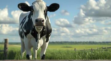 ai généré un isolé vache permanent dans de face de une en bois table avec herbe et les terres agricoles photo