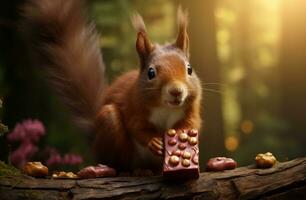 ai généré animal la photographie de écureuil avec Chocolat dans forêt photo