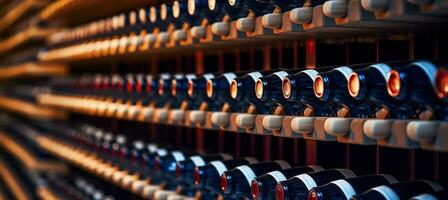 ai généré Lignes de du vin bouteilles sur racks dans une cave photo