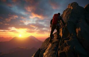 ai généré grimpeur Ascendant une Roche visage dans le coucher du soleil dans Montagne gamme, Russie aventure photo