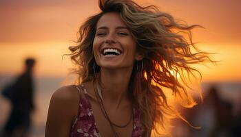 ai généré Jeune femme avec longue cheveux souriant dans le le coucher du soleil généré par ai photo