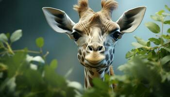ai généré mignonne girafe à la recherche à caméra dans africain savane généré par ai photo